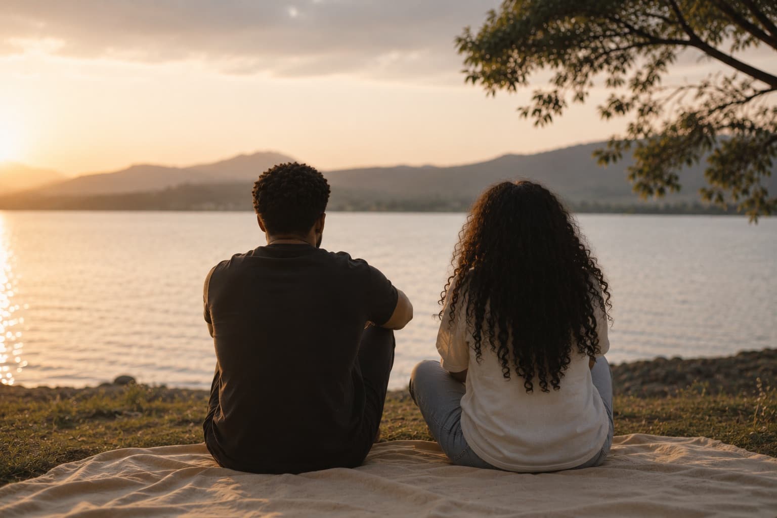 A couple by a lake at sunset